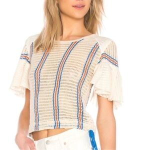Free People Cream Knit Cropped Top with Blue and Orange Stripes